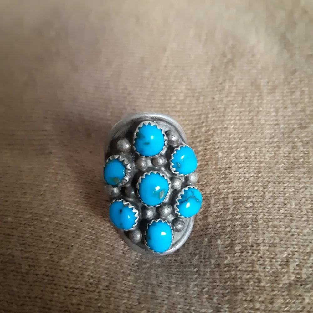 Navajo Style Sterling Turquoise Cabochon Cluster Ring Size 8.75 - Picture 2 of 16
